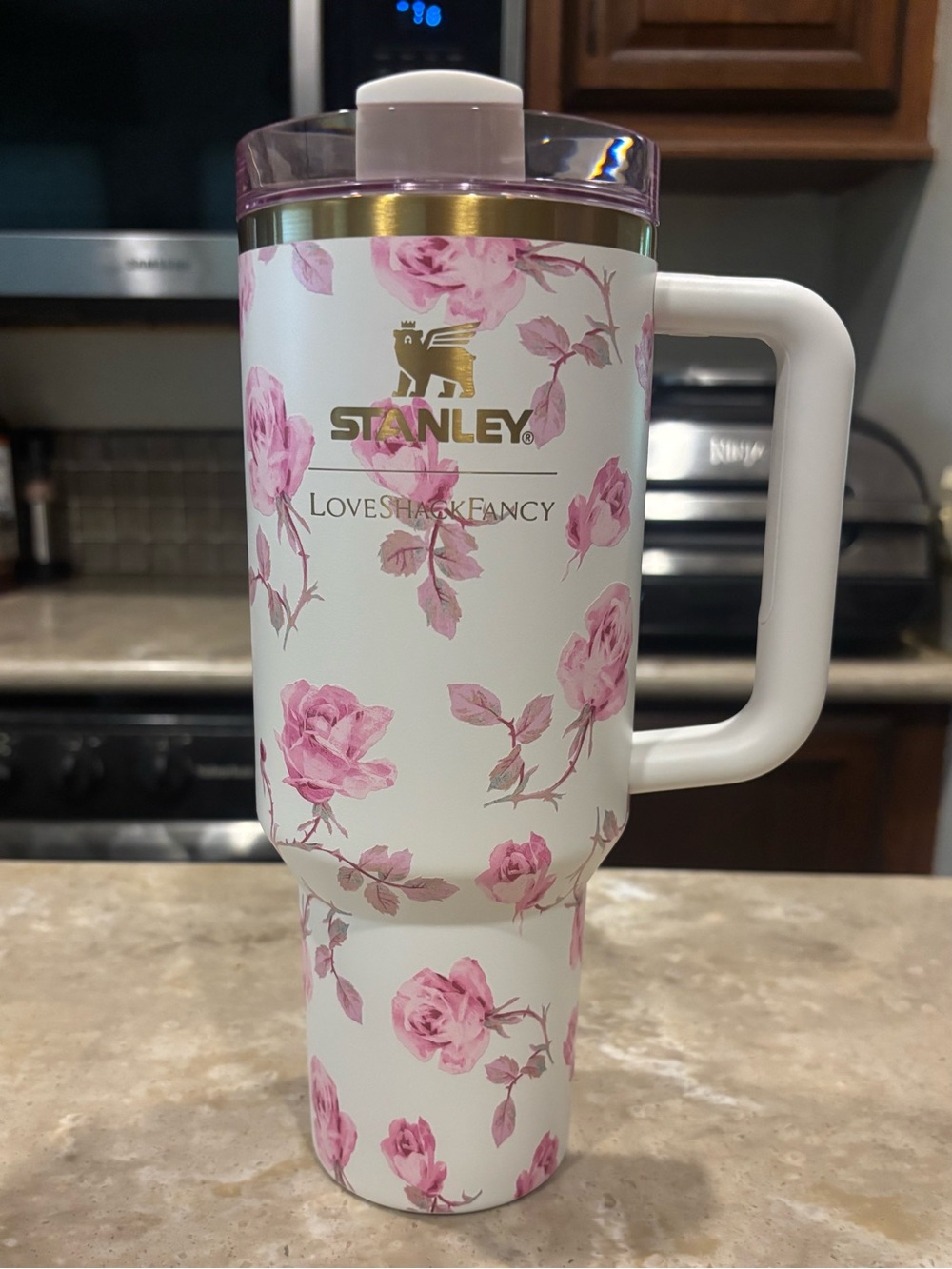 BNIB StanleyxLoveShackFancy White Travel Mug with Pink Rose Pattern